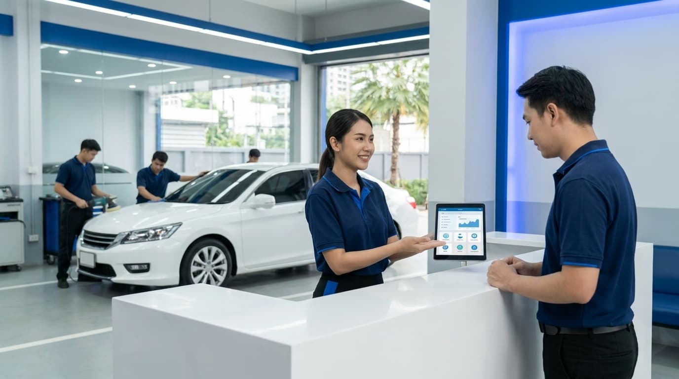 พนักงานร้านคาร์แคร์ไทยรับลูกค้าและตรวจคิวจากระบบ